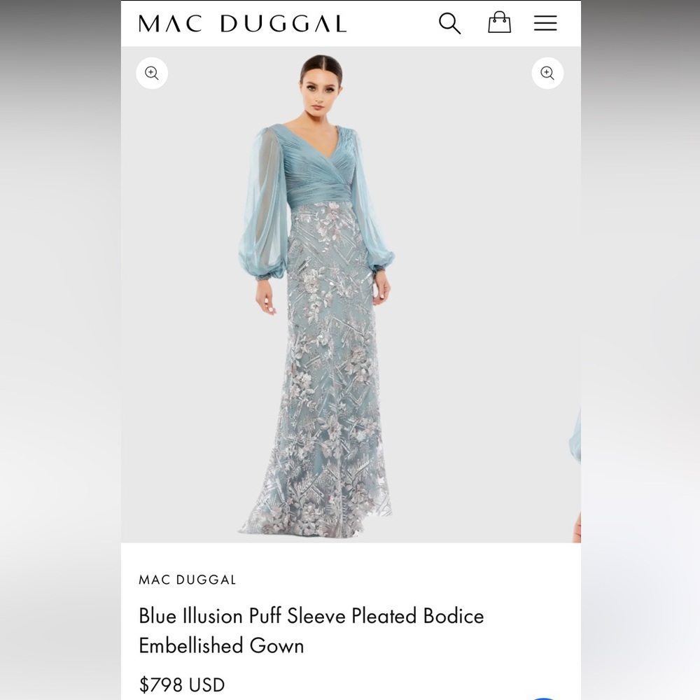 Mac Duggal Blue Illusion Puff Sleeve Pleated Bodice Embellished Gown
